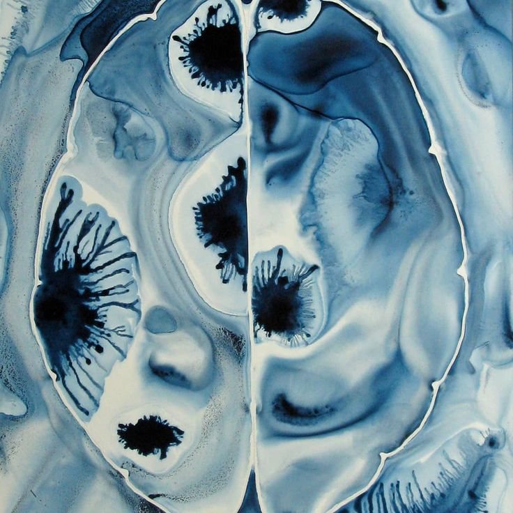 An indigo ink composition resembling the two hemispheres of a brain in cross-section — Soul and Science inseparable, the territory of the workbook.